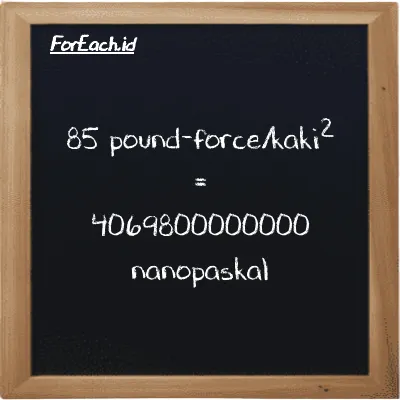 85 pound-force/kaki<sup>2</sup> setara dengan 4069800000000 nanopaskal (85 lbf/ft<sup>2</sup> setara dengan 4069800000000 nPa)